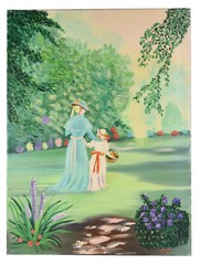 24″ Oil Painting Canvas Landscape W/ Victorian Family Mother Daughter Orchard