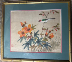 „Asian Bird Among Flowers Scene“ Watercolor Painting – Signed And Framed