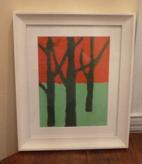 Minimalist Expressionist Painting Dark Tree Shapes Against Bold Red Sky SIGNED