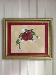 Vintage Original Acrylic Painting of Apples & Blossoms Red/Tan Framed VTG Granny