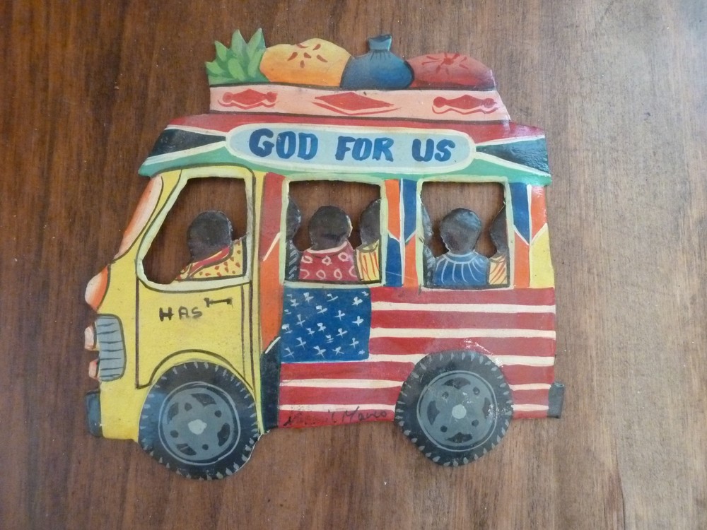 Signed Mario Normil Hand Painted Metal Haitian Bus Wall Hanging “ GOD FOR US“