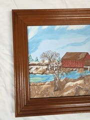 Vtg PAINTING COVERED BRIDGE Landscape Deep Wood Frame Country Oil 19.5×15.5″