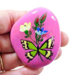 Flowers & Butterfly Hand painted rock Stone art Pink