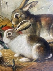 Escaped Rabbits & Guinea Pig Framed Oil On Canvas Painting Signed Byron 16x20in.