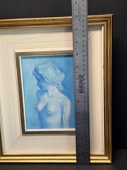 Vintage MCM Oil Painting Nude Portrait Woman In Blue Tones Framed EUC