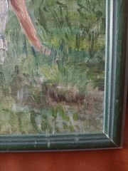 Vintage Original Handmade Oil Painting, Couple Men & Women They sit by the River