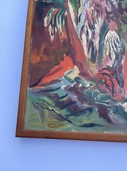 LARGE PAINTING MID CENTURY LANDSCAPE COASTAL TROPICAL PALMS MODERNIST MYSTERY