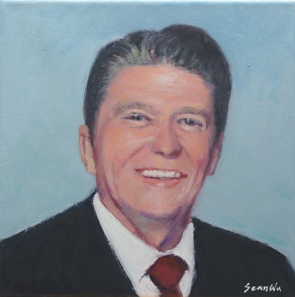 Sean Wu original oil portrait 12×12 on stretched canvas, President Ronald Reagan