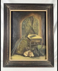 WWII Korean War Era Military Still Life Oil Painting Dbl Sided 30×24” Army Dog