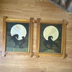 Framed Western Americana Painting Set Cowboy Horse Moon Silhouettes