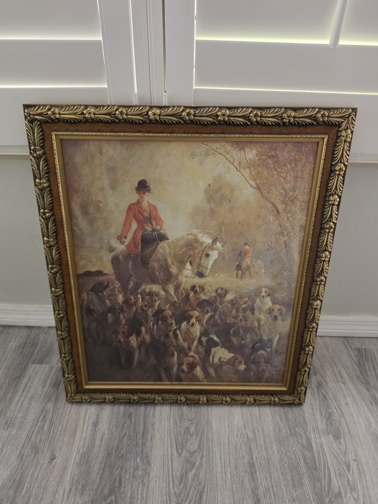 Fox Hunt Horse & Hounds Framed 24×28 Impressionist Style Art Jose Trujillo
