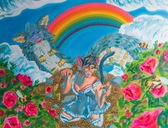 Vee CR, „The Birds and the Fur-Bees,“ 2021. Acrylic on Linen, 36″x48″.