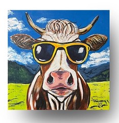 Whimsical Cow In Sunglasses Expressionist Art Acrylic 12×12” Canvas VLP Original