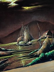 Vtg Large Mid Century Black Velvet Tiki Art Framed 40′ x 28″ Palm Trees Village