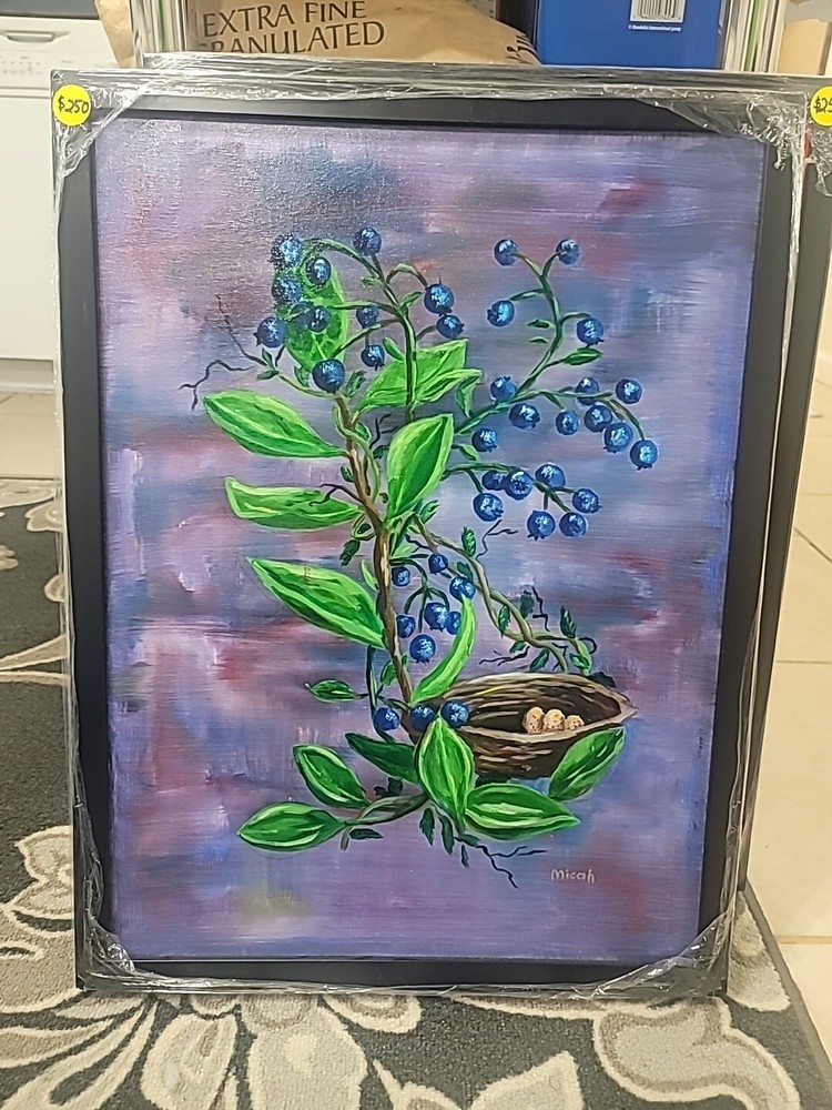 Oil Painting Blueberries And Eggs With A Frame 19 X 26 Inches