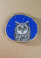 Owl Acrylic Painting On Natural Wood Slice- Signed Bird Artwork