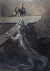 stunning oil painting handpainted on canvas- medieval knight and Dragon