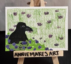 ACEO ATC Original Crow Raven Bird Flowers Corvid Black Lookout AnnieMakesArt