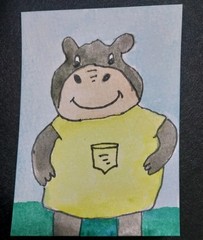 ACEO Original Art Painting Hippopotamus Whimsical Animal Miniature Pet Hippo GAT