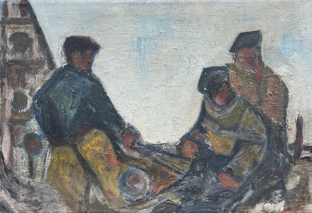Expressionist 3 Fishermen on Baltic Sea Beach Maritime Oil Painting 65.5x45cm