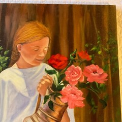 Girl with flowers Young woman portrait original painting Vintage 90s roses