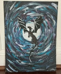 Original Dragon Fantasy Acrylic Painting on Canvas, Moon Night Sky, Small Art