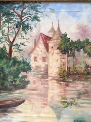 ANTIQUE OIL PAINTING LISTED ROY DEETS CASTLE LANDSCAPE GOLD FRAME 25.5″ X 28.5″
