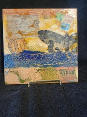 Encaustic Collage Painting In Wood Frame And Signed