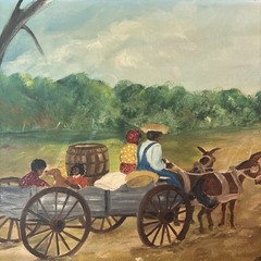 Vintage Folk Art Painting Family & Pup Travel In Mule Wagon Vera Ponder