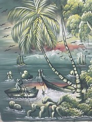 Original Haitian oil hand painting 20inx24in men fishing in jungle wildlife