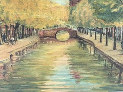 Vintage Oil Painting City Bridge over Dutch Delft Canal Netherlands Signed