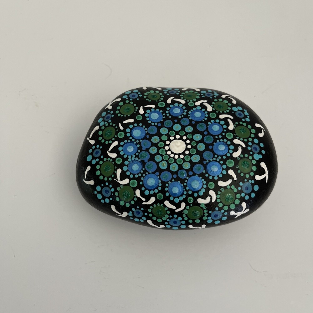 Dot Mandala Hand Painted Art Stone Blues And Greens One Of A Kind 4 Inches
