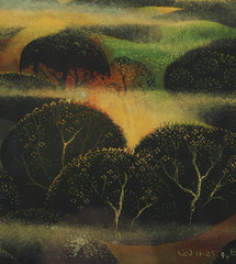 Eyvind Earle „HILLSIDE THROUGH THE FOG“ original oil painting 41cm x 46.5cm