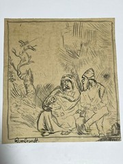 REMBRANDT drawing and painting on old paper signed stamped vintage