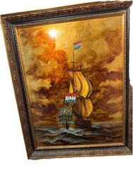 Large Vintage MCM Marti Oil Painting 36×28 Dutch Ship on Gold Foil Board Framed