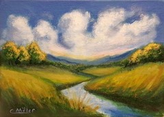 Original Painting River Landscape Hills Clouds 5×7 Acrylic Modern Wall Art