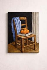 Orange Still Life Painting Chair Fruit Art 18×24