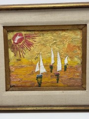 OIL PAINTING OCEAN SAILING SAILBOATS BOATS SUNSET Signed Lee 15.75 X 14.7