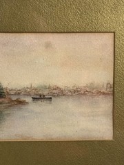 Antique Original Coastal Watercolor Seascape Nautical Landscape w/ Boat