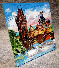 Oil painting.Old city by the river with a bridge. Landscape.Modern mini wall art