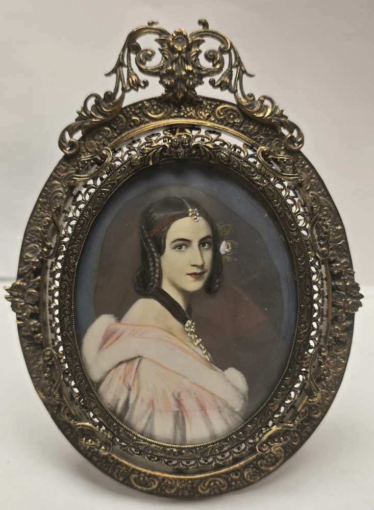 Miniature Painting Lady Jane Erskine In Baroque Style Bronze Filigree Frame