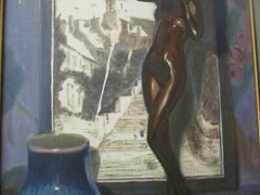 ANTIQUE OIL PAINTING STILL LIFE EARL SCHERM ART DECO BRONZE STATUE VILLAGE VIEW