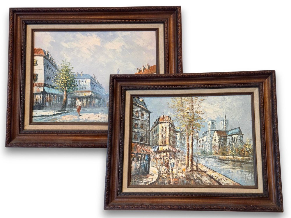 Vintage Set 2 Framed Paris Oil Paintings Decor Art Signed Caroline Burnett 17×21