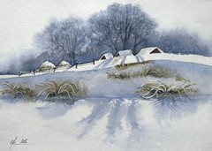 Minimalism Winters cozy shelter mountain holiday Christmas Original painting