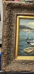 Impressionist Style Canvas Oil Painting Boats In Harbor Scene Ornate Frame