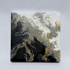 Original Abstract Fluid Acrylic Pour Painting Black White Gold 8×8 Wood Board
