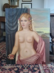 Vintage Oil Painting Classical-Style Female Nude Portrait