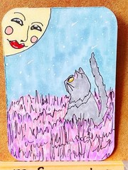 ACEO ATC Gray Cat Series #3 Cat in moon light painting new 3.5″ x 2.5″ myfancy