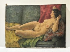 ANTIQUE PORTRAIT PAINTING WOMAN FEMALE MODEL 1930’S Signed Brown Mid Century Oil