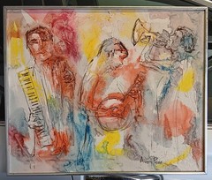 Mid Century MCM Original Textured Heavy Oil Painting AVERY PENN Jazz Musicians
